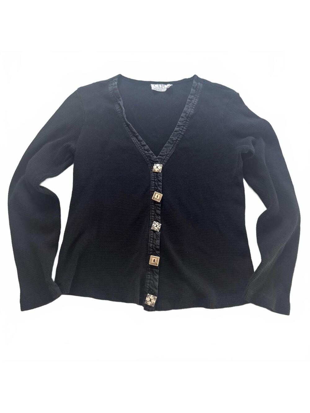 Caren Desiree Company Vintage 1990s Waffle Knit Cardigan Black Size 10